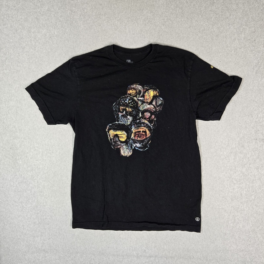 Volcom Men Shirt XL Black Graphic Skulls Featured Artist Logo Slim Short Sleeve